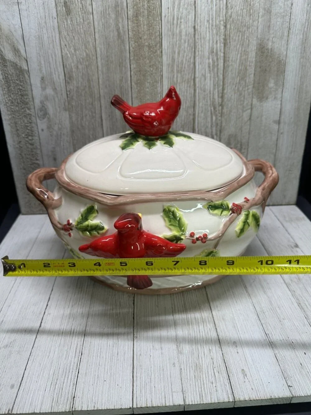 Vtg Cardinal & Berries Holly Serving Bowl Dish Holiday Decor Ceramic 11.5